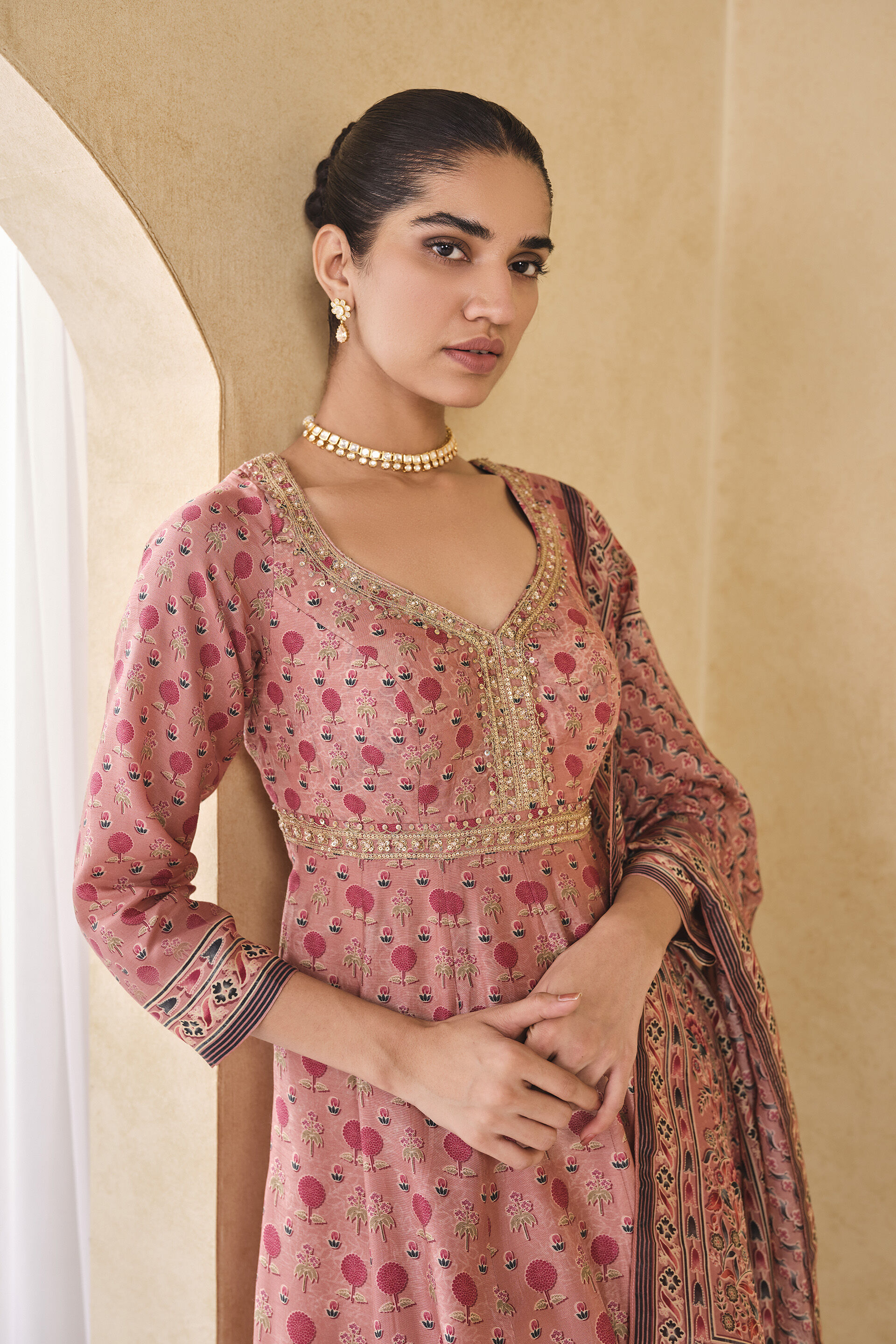 Celosia Printed Silk Anarkali Suit Set - Pink, Pink, image 4